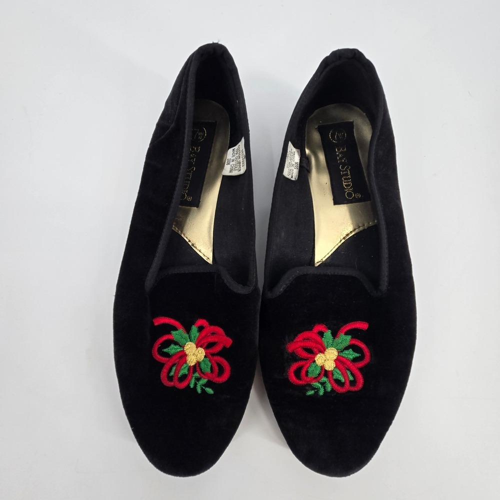 Bay Studio Vintage Black Velvet Christmas Flats Embroidered Holly Bow 7W Y2K